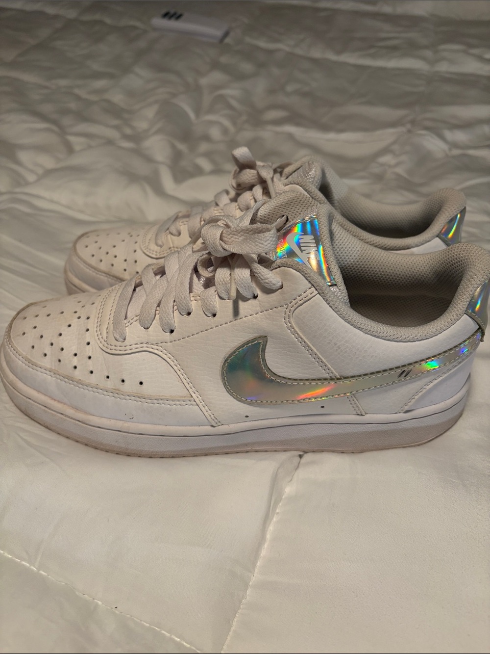 Nike Court Vision White Sneakers with Iridescent Swoosh - 8.5